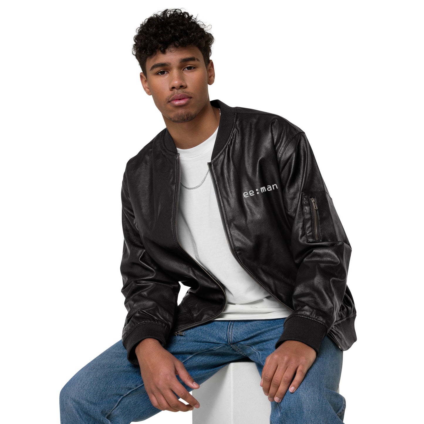 ee:man, official logo (embroidery), faux Leather Bomber Jacket