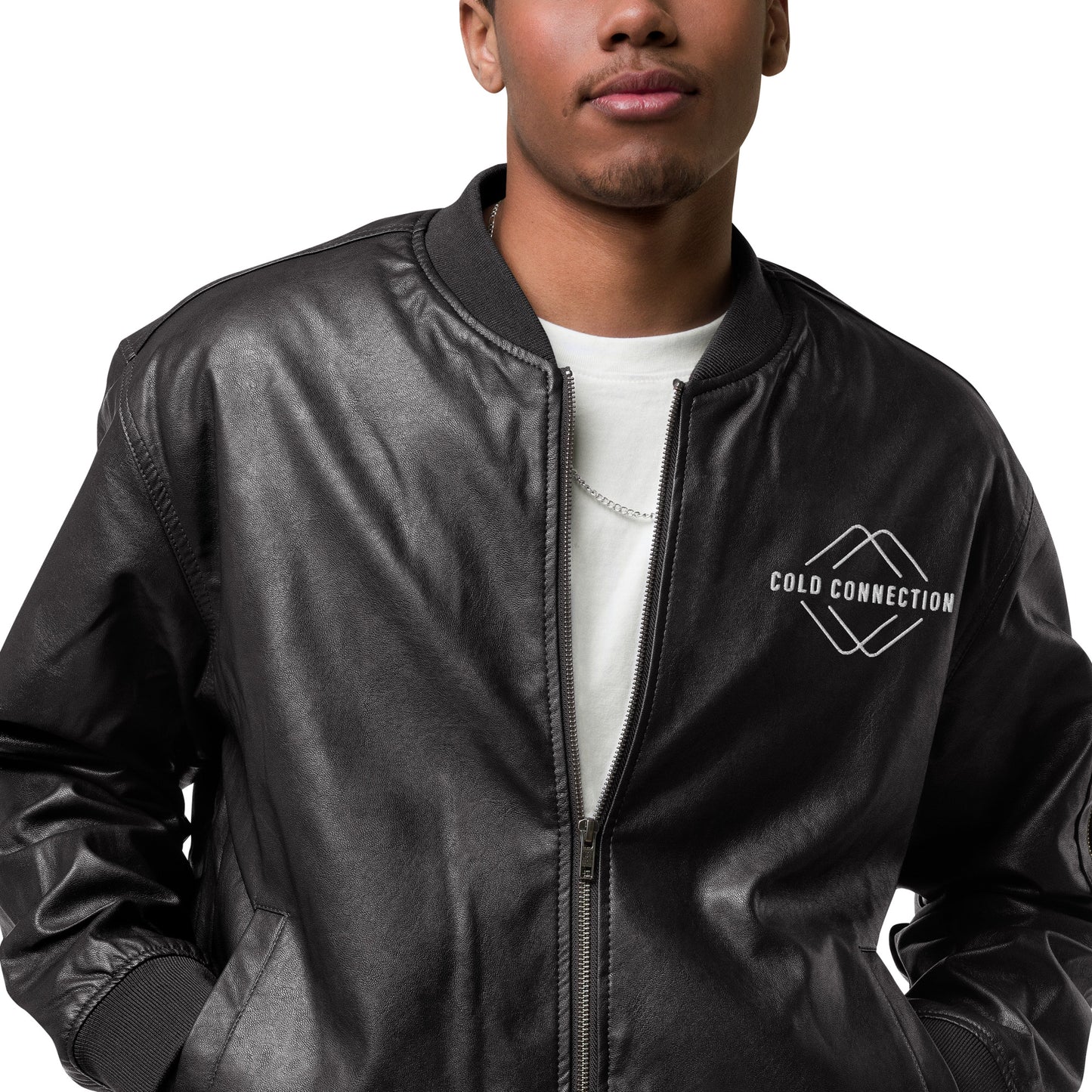 Cold Connection, logo (embroidery), Faux Leather Bomber Jacket