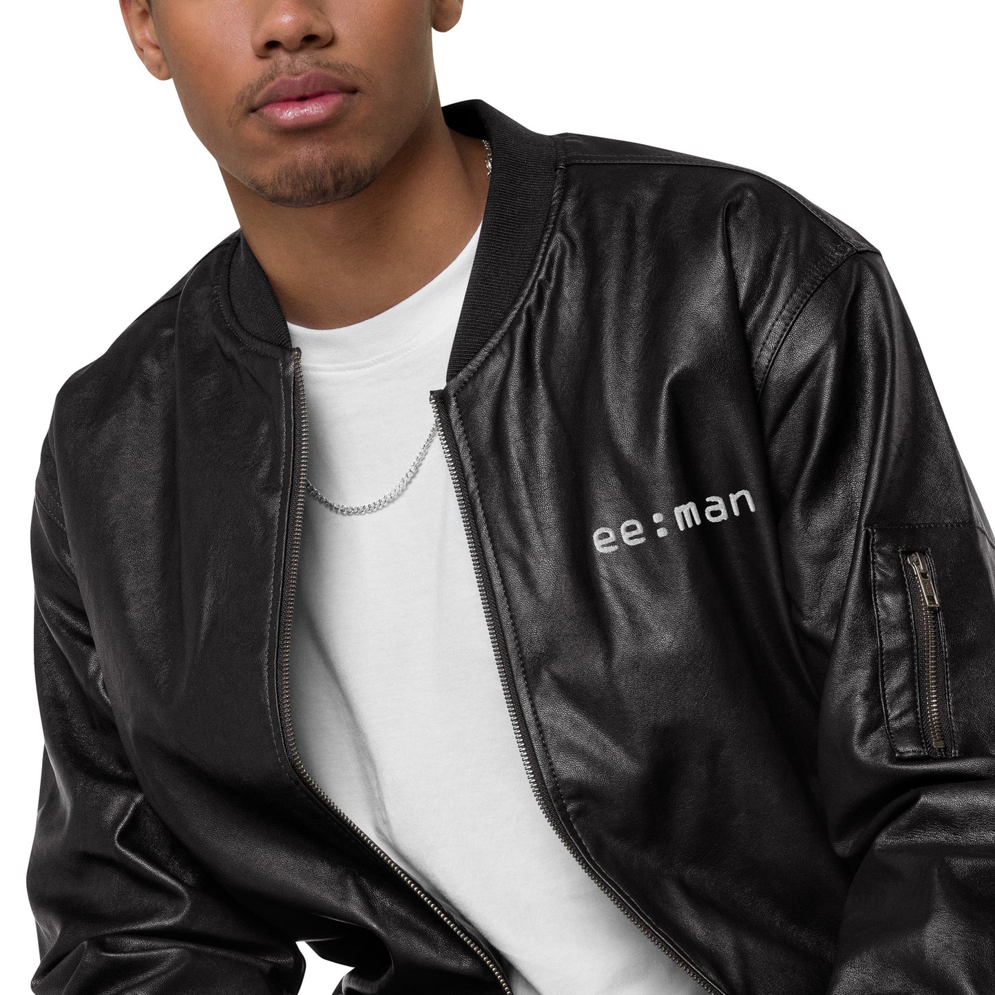 ee:man, official logo (embroidery), faux Leather Bomber Jacket