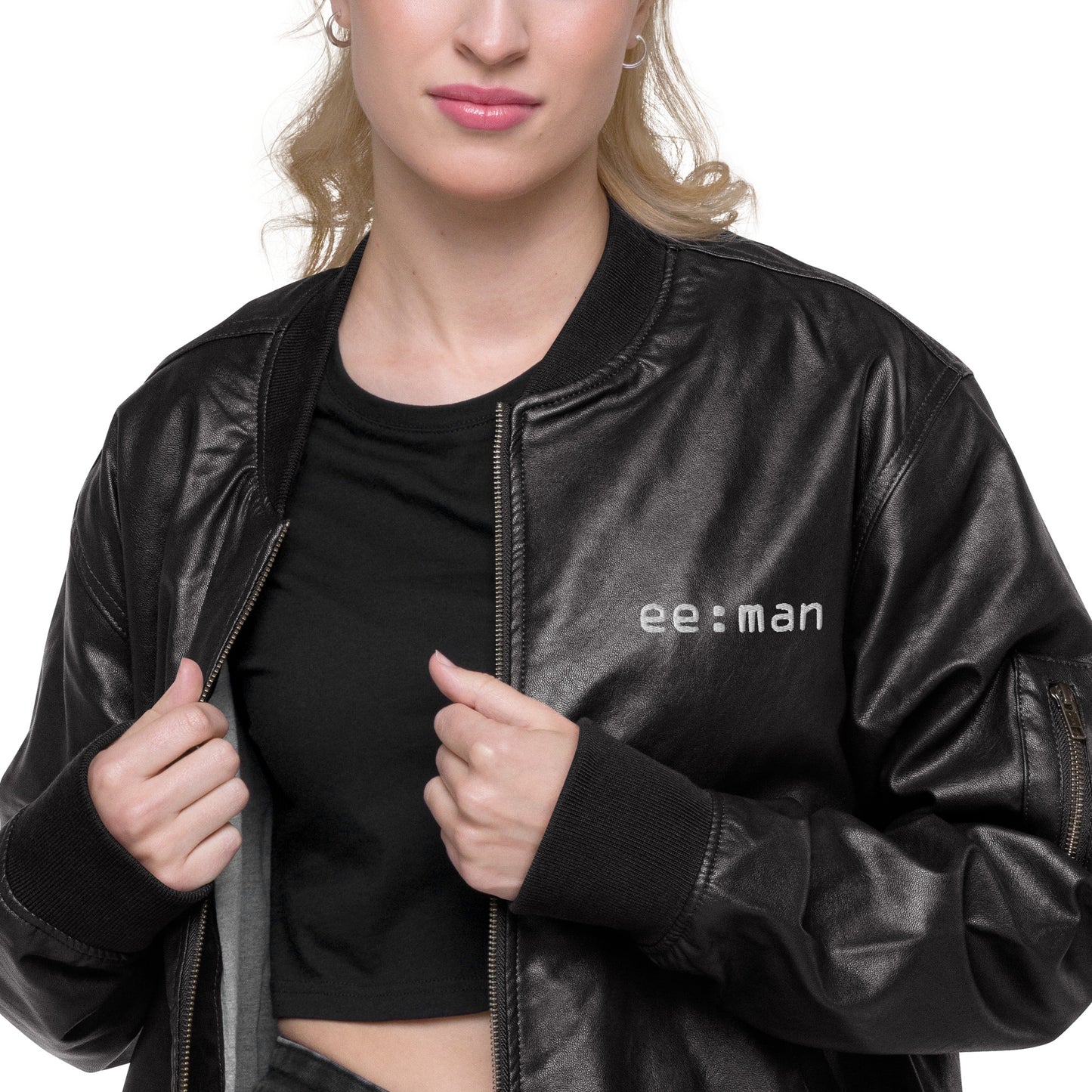 ee:man, official logo (embroidery), faux Leather Bomber Jacket