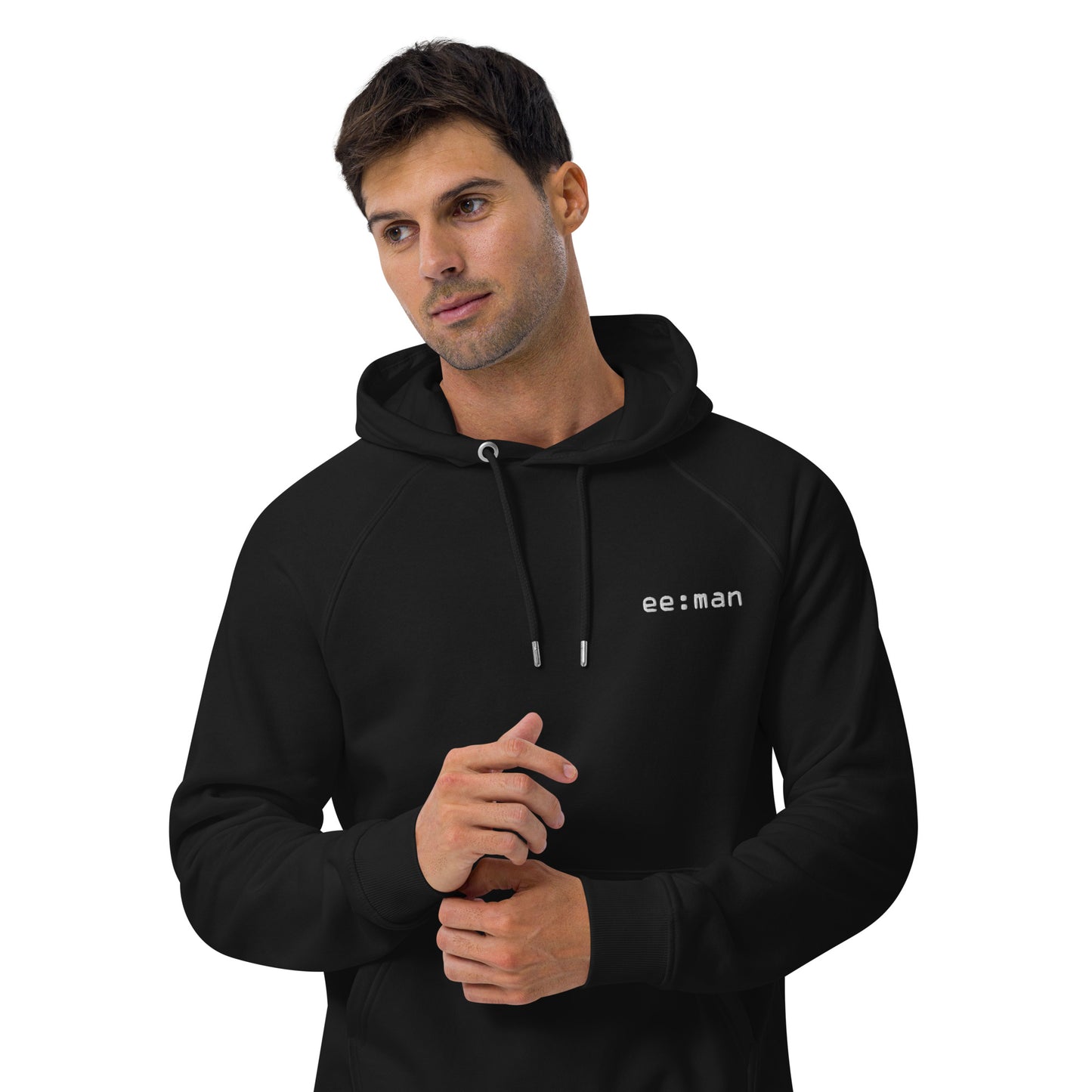 ee:man, official logo (embroidery), Unisex eco raglan hoodie