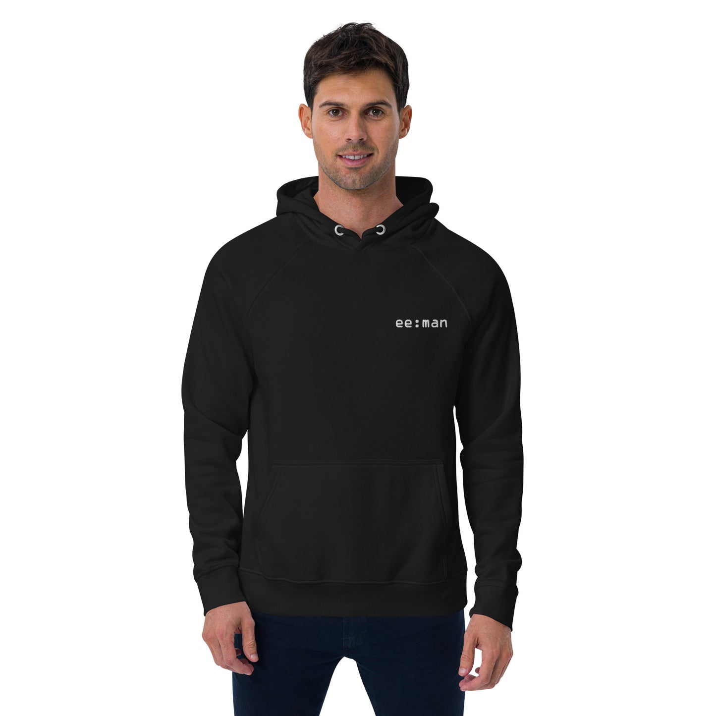 ee:man, official logo (embroidery), Unisex eco raglan hoodie