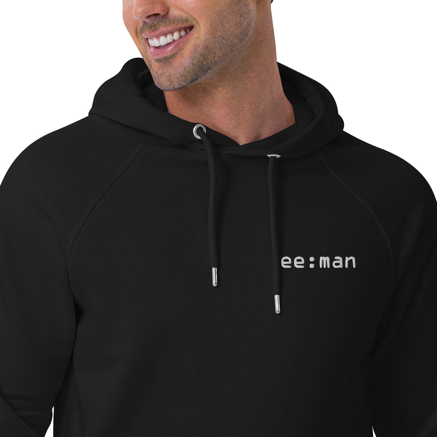 ee:man, official logo (embroidery), Unisex eco raglan hoodie