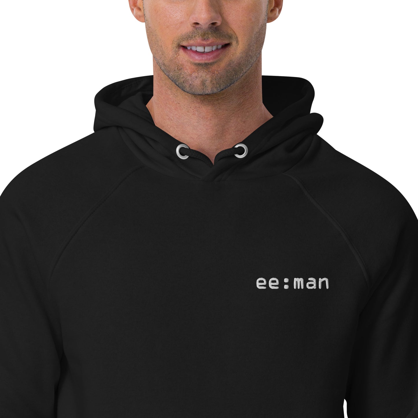 ee:man, official logo (embroidery), Unisex eco raglan hoodie