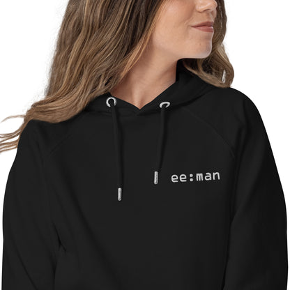ee:man, official logo (embroidery), Unisex eco raglan hoodie