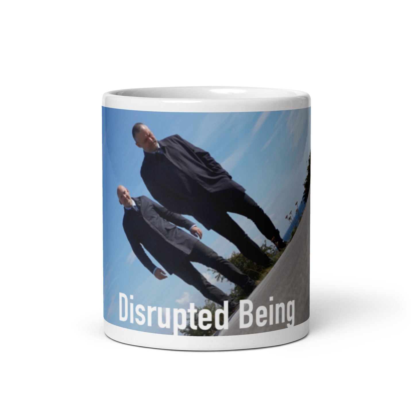 Disrupted Being, official photo and logo, White glossy mug