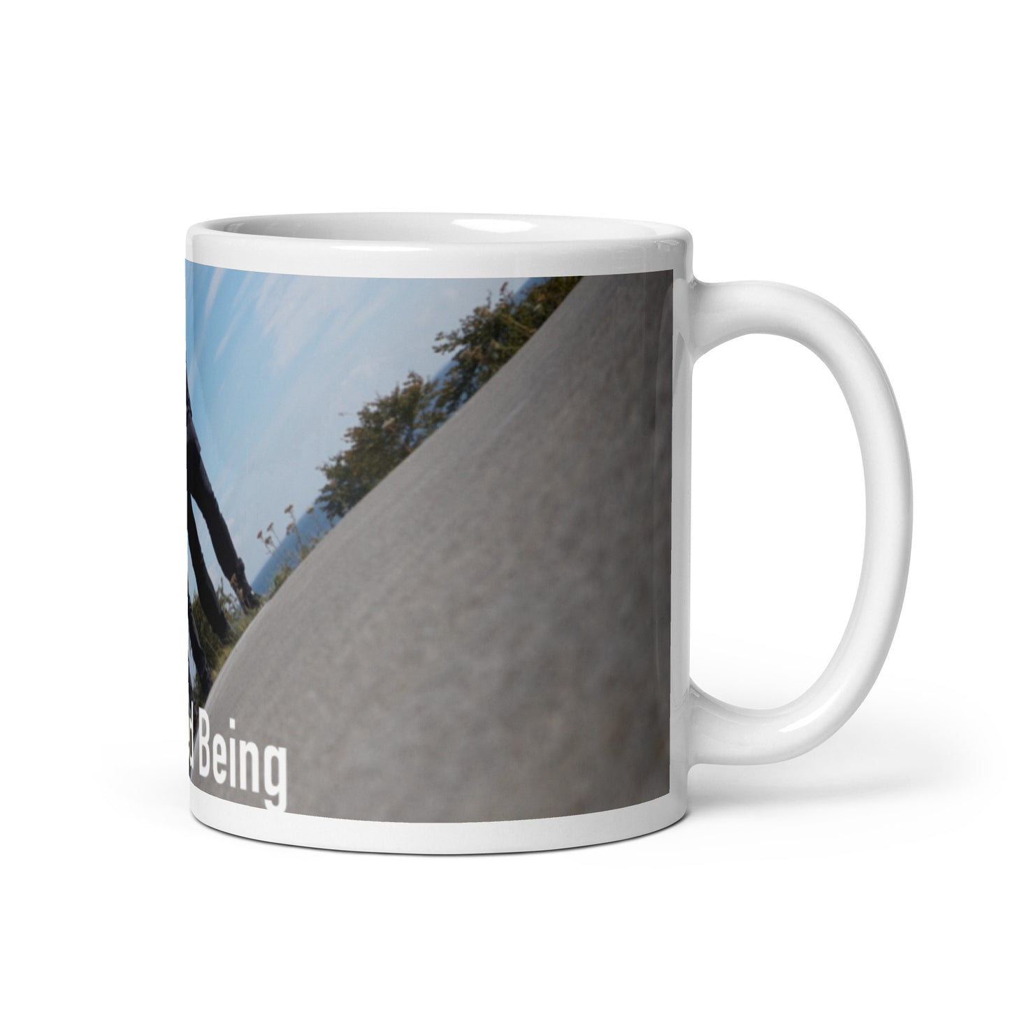 Disrupted Being, official photo and logo, White glossy mug
