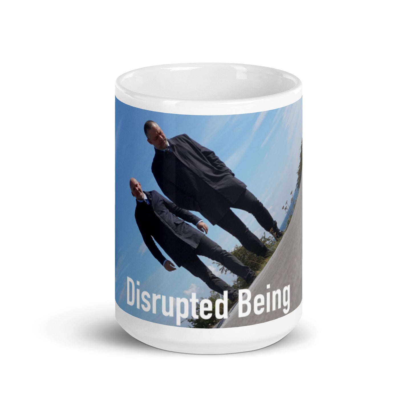 Disrupted Being, official photo and logo, White glossy mug