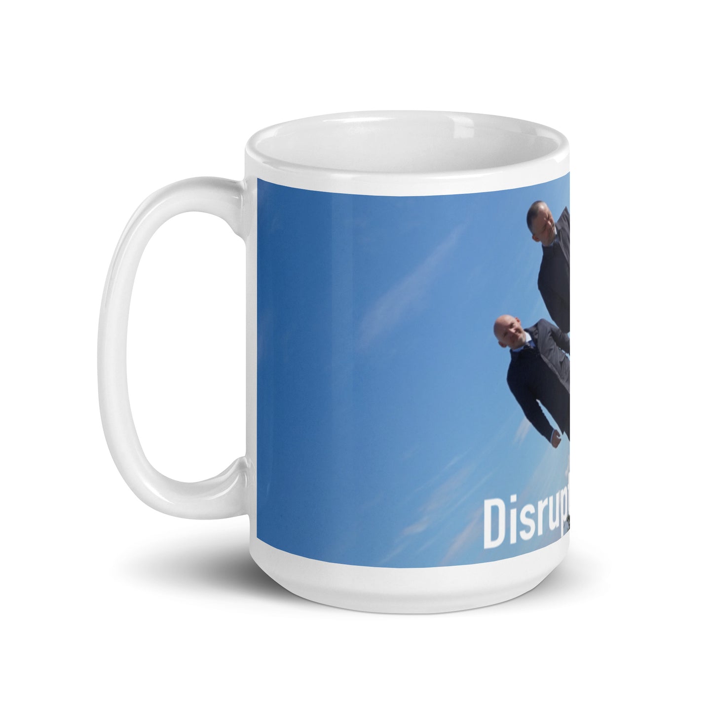 Disrupted Being, official photo and logo, White glossy mug