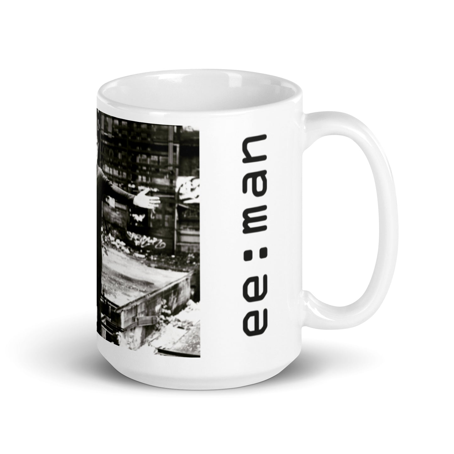 ee:man, official photo and logo, White glossy mug