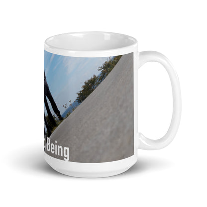 Disrupted Being, official photo and logo, White glossy mug